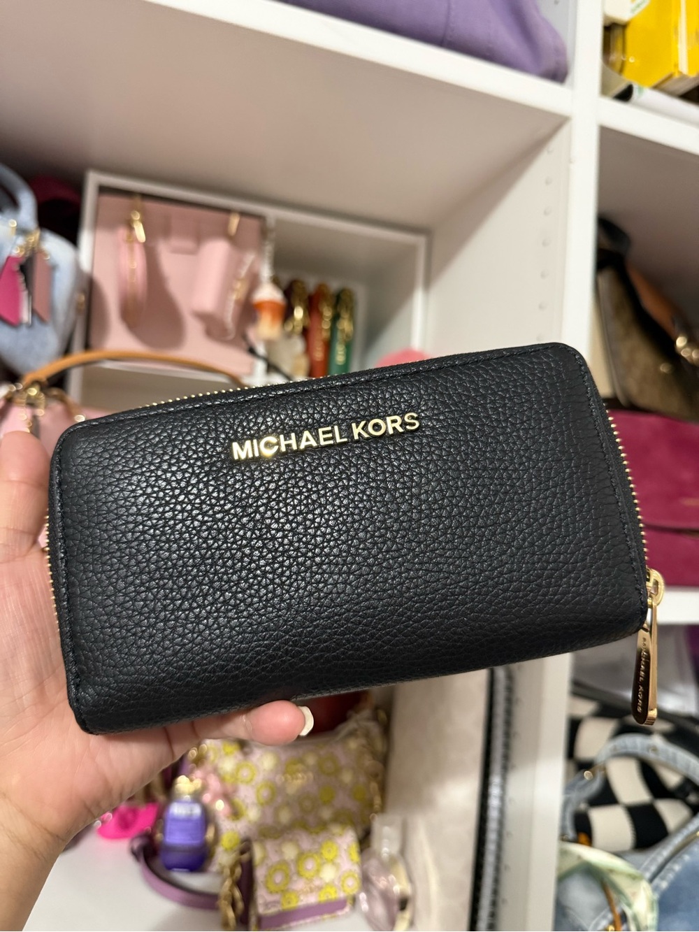 Michael Kors Black Pebbled Leather Zip Around Wallet with Gold Logo